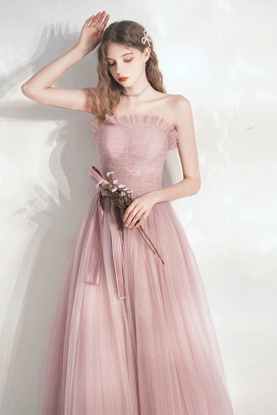 Strapless Blush Pink Tulle Long Prom Dress