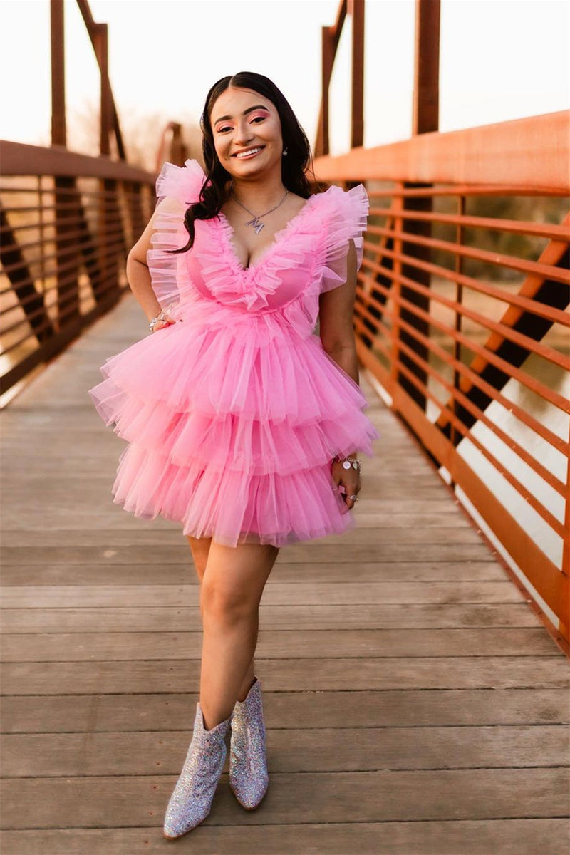Ruflles V Neck A-line Pink Tulle Homecoming Dress