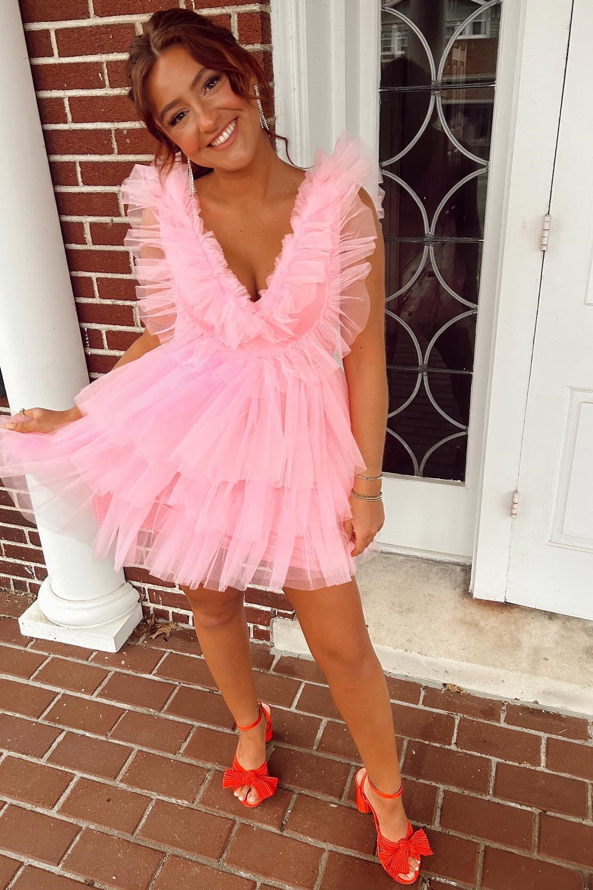 Ruflles V Neck A-line Pink Tulle Homecoming Dress