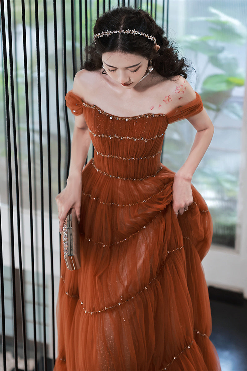 Princess Rust Beaded A-line Long Formal Dress