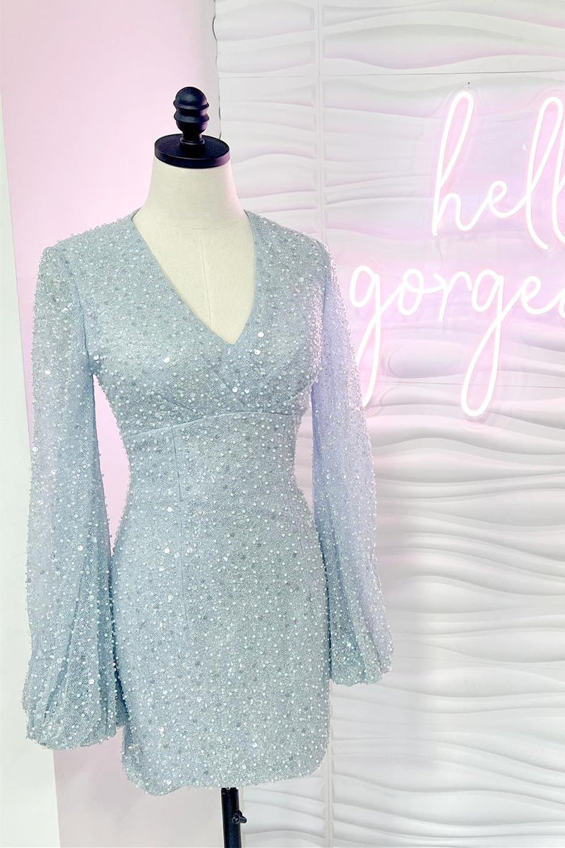 Long Sleeves Light Blue Empire Bodycon Mini Dress