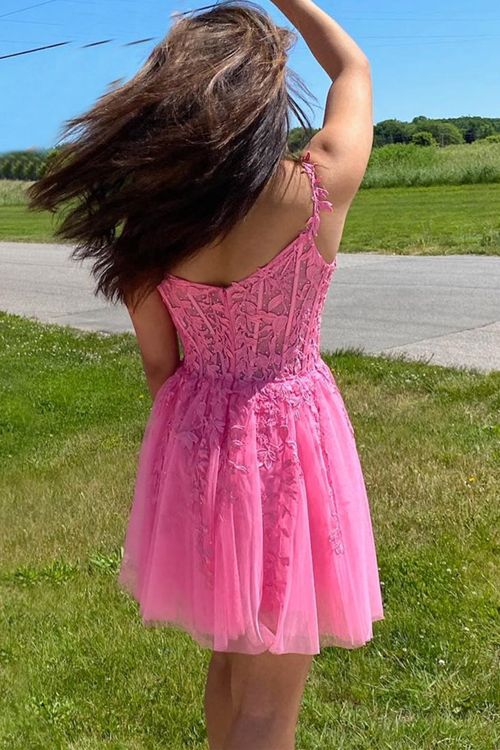 Princess A-line Hot Pink Lace Appliques Short Party Dress