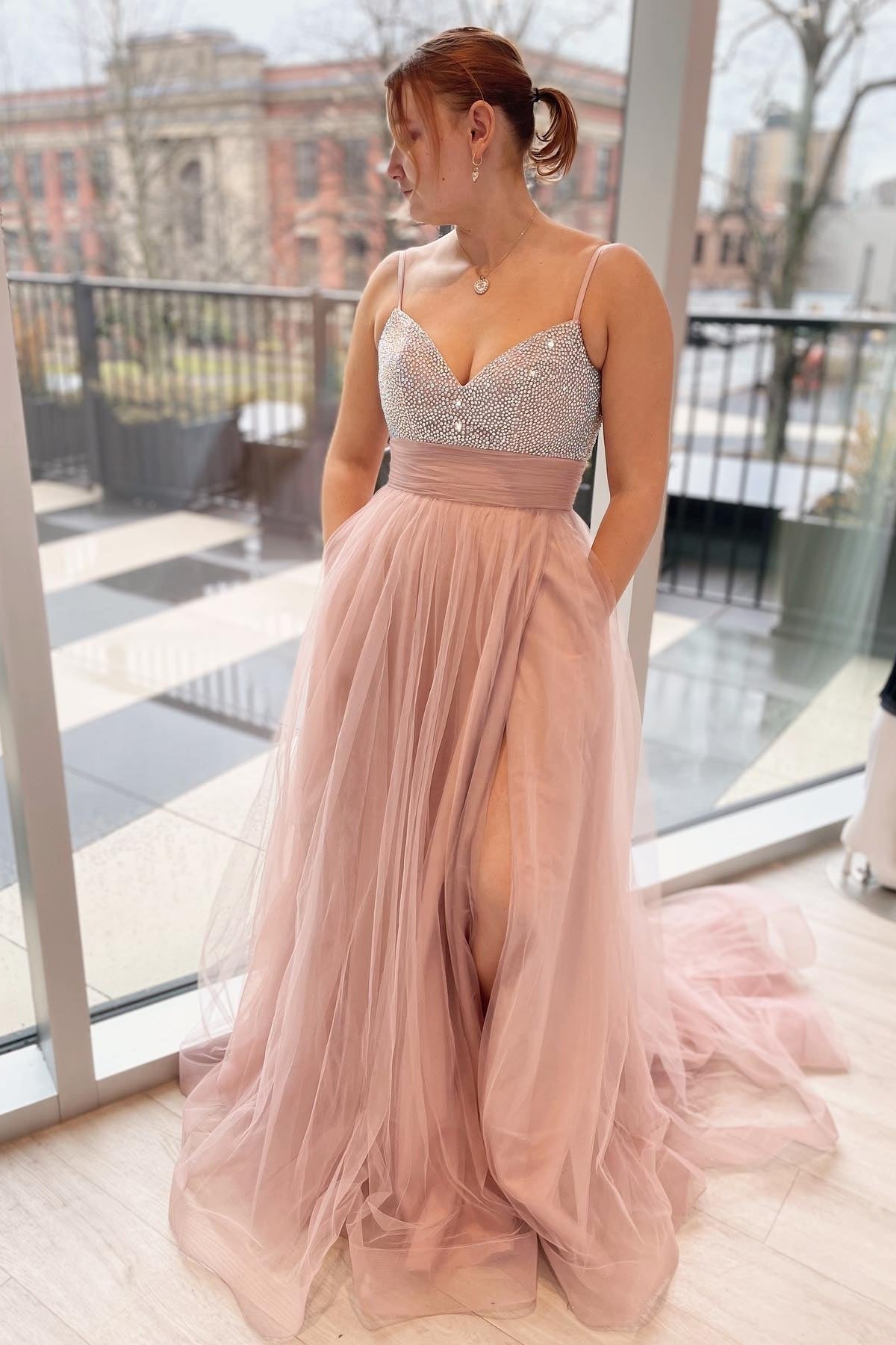 Beaded Straps Rose Tulle A-line Long Prom Dress