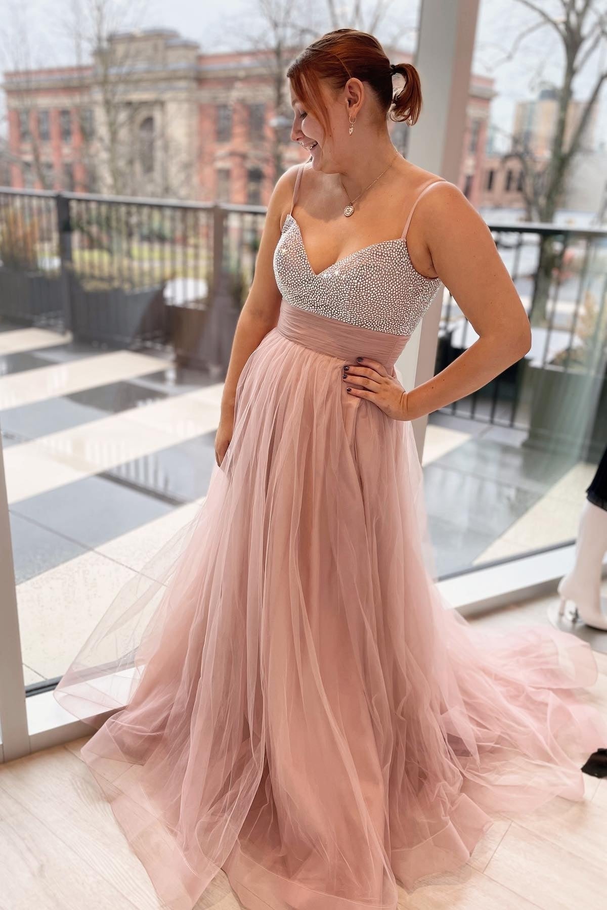 Beaded Straps Rose Tulle A-line Long Prom Dress