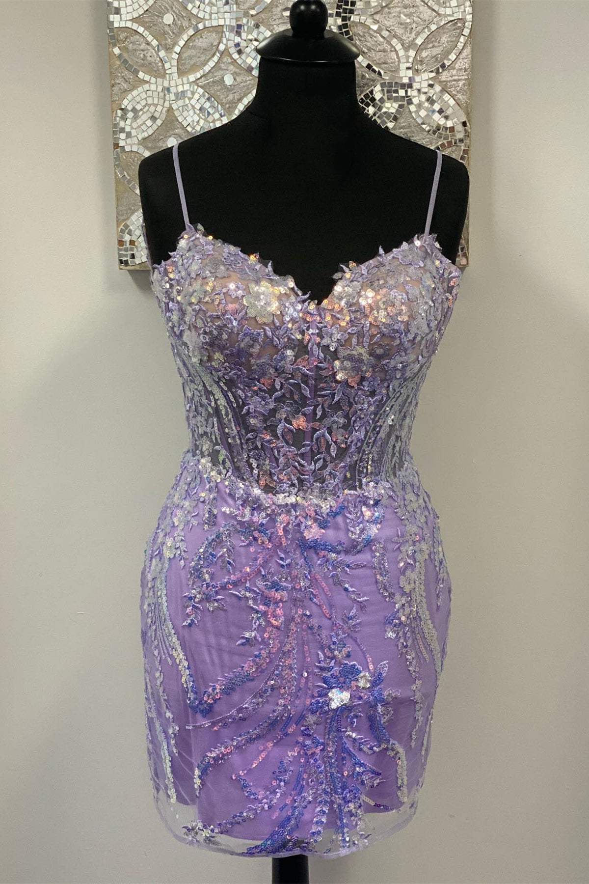 Straps Lavender Sequin Embroidered Tight Mini Dress
