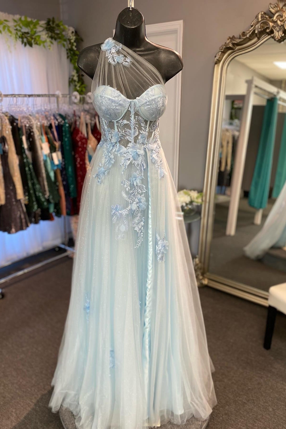 One Shoulder Blue Floral Lace Long Prom Dress