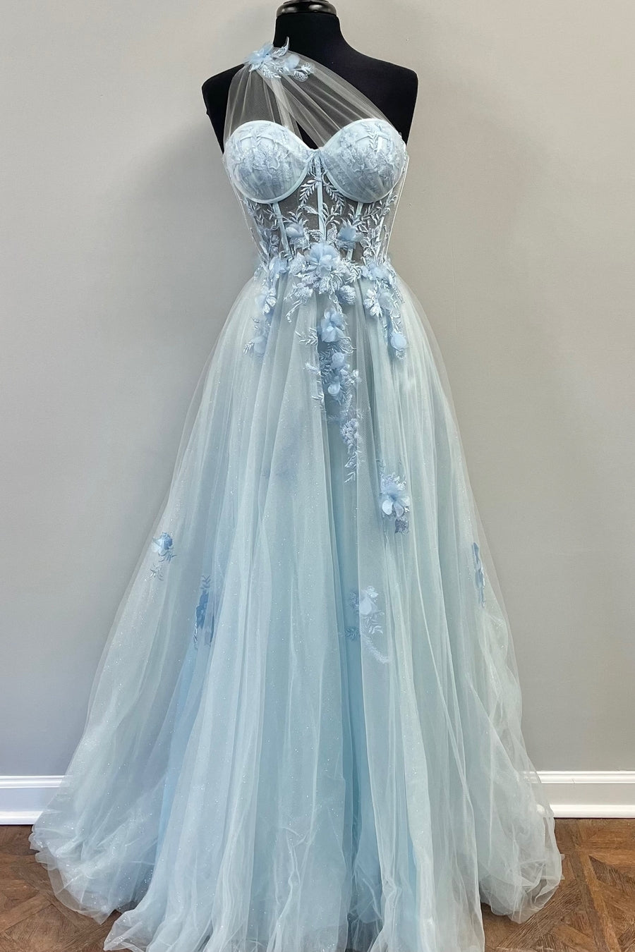 One Shoulder Blue Floral Lace Long Prom Dress