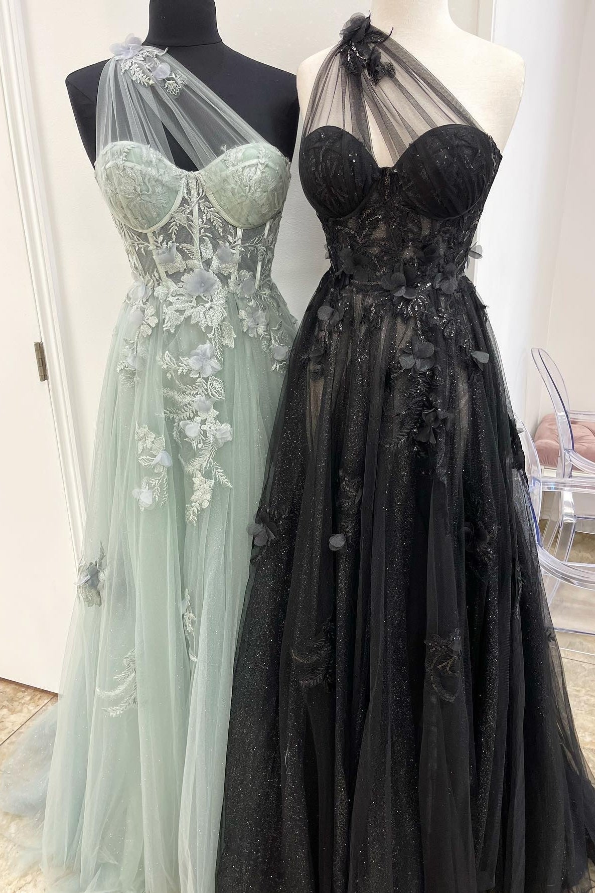 One Shoulder Blue Floral Lace Long Prom Dress