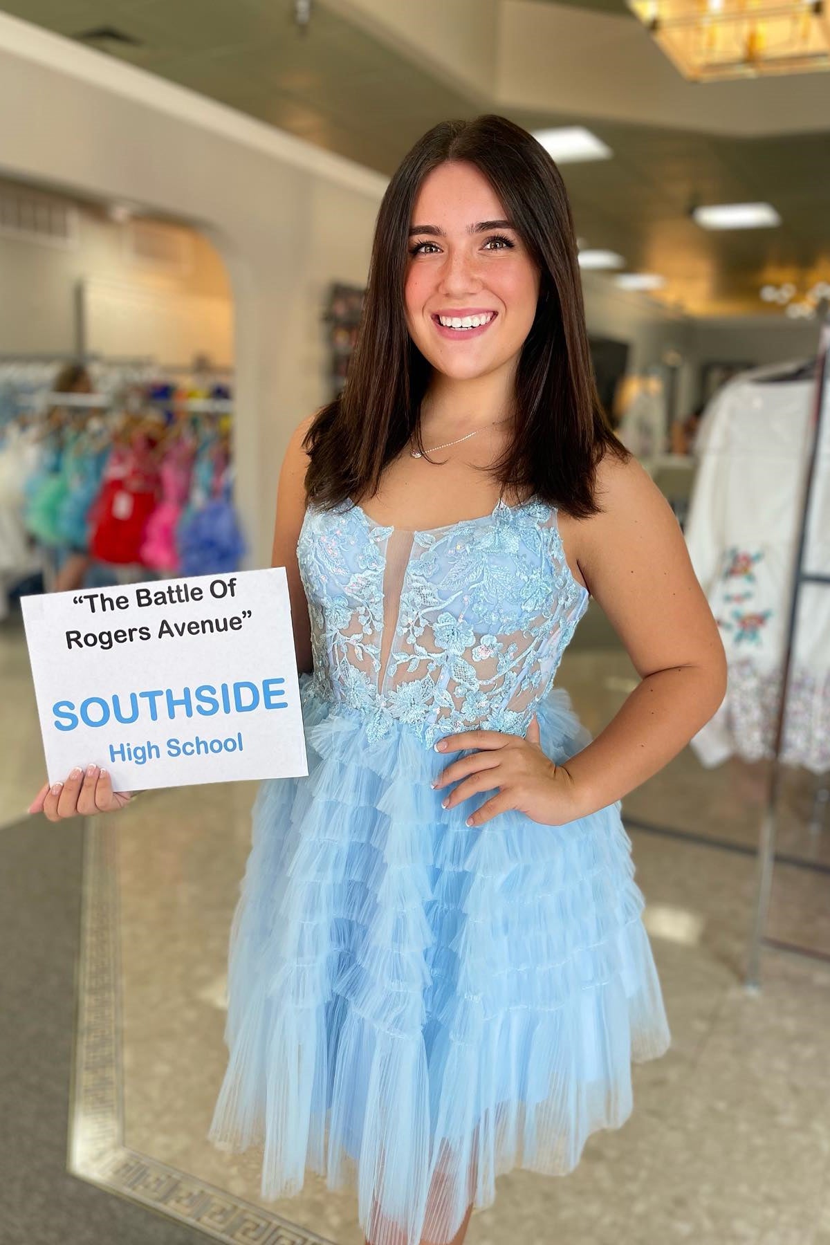 Straps Light Blue Tiered Ruffles Short Princess Dress