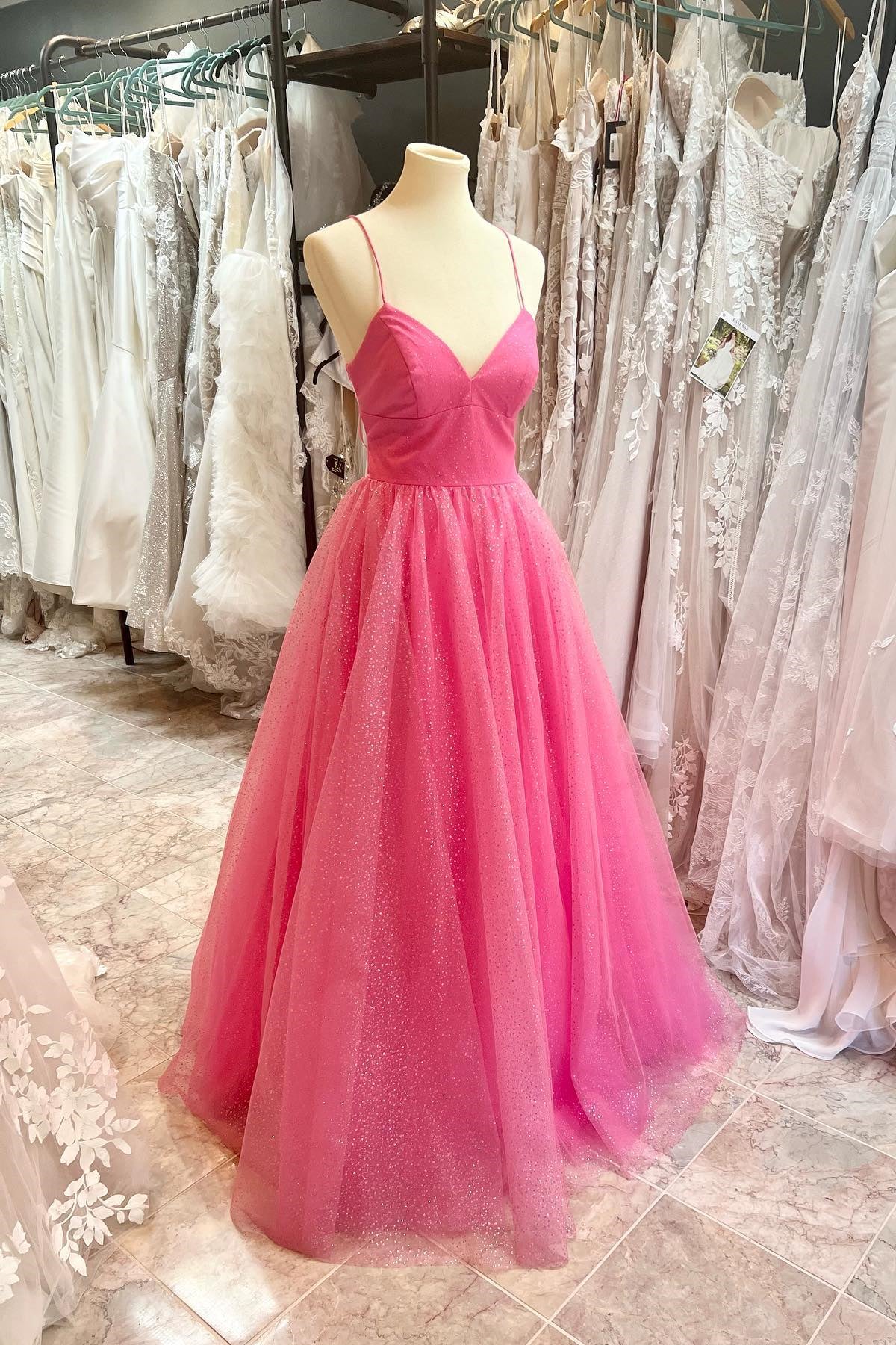 Straps Hot Pink A-line Long Formal Dress