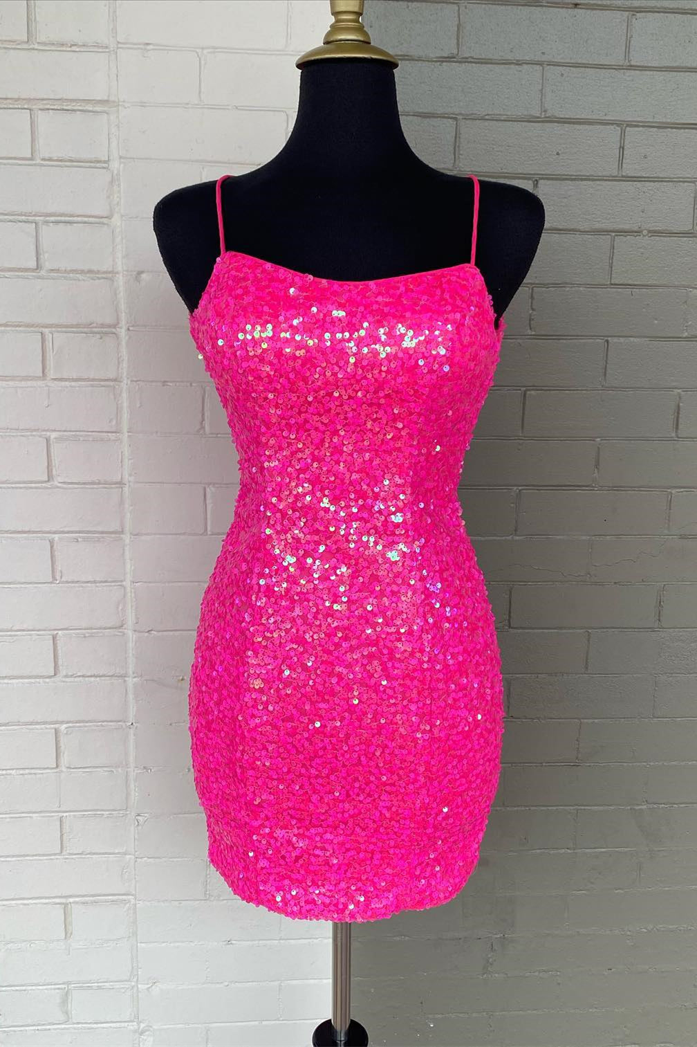 Hot Pink Sequin Straps Bodycon Mini Homecoming Dress
