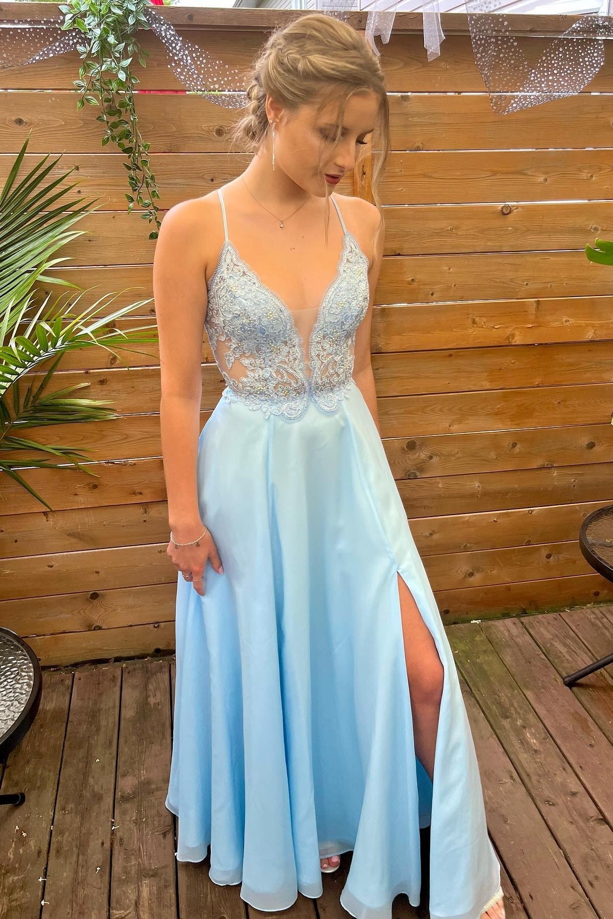 Princess Blue A-line Lace and Chiffon Long Prom Dress