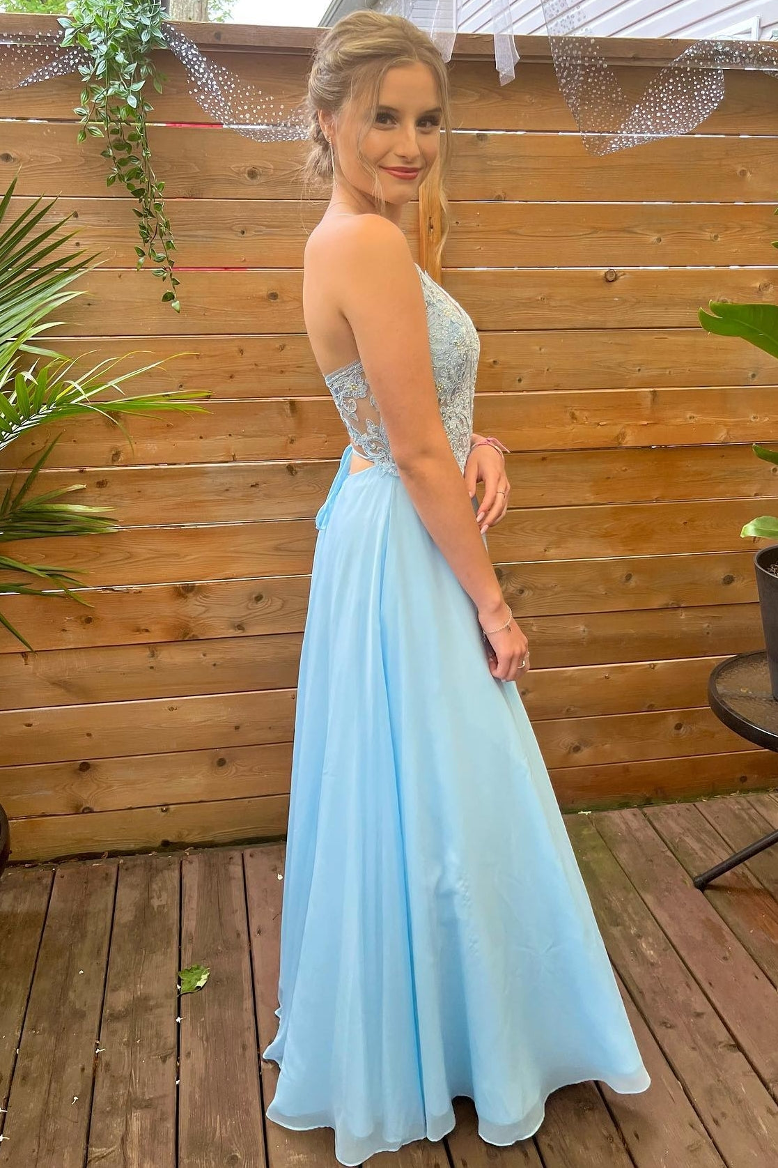 Princess Blue A-line Lace and Chiffon Long Prom Dress