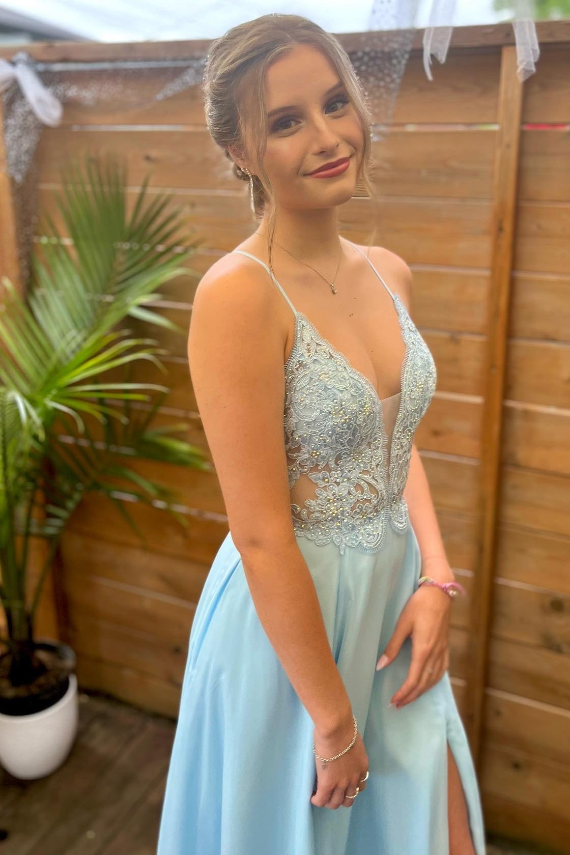 Princess Blue A-line Lace and Chiffon Long Prom Dress