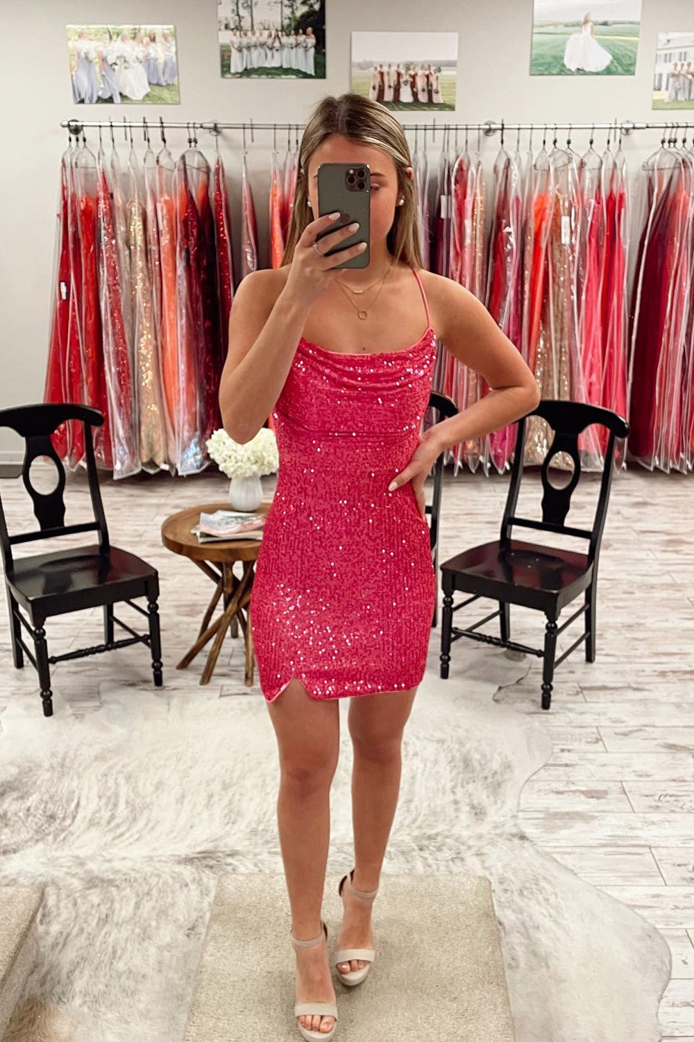 Pretty Pink Sequin Bodycon Mini Dress with Lace Up Back