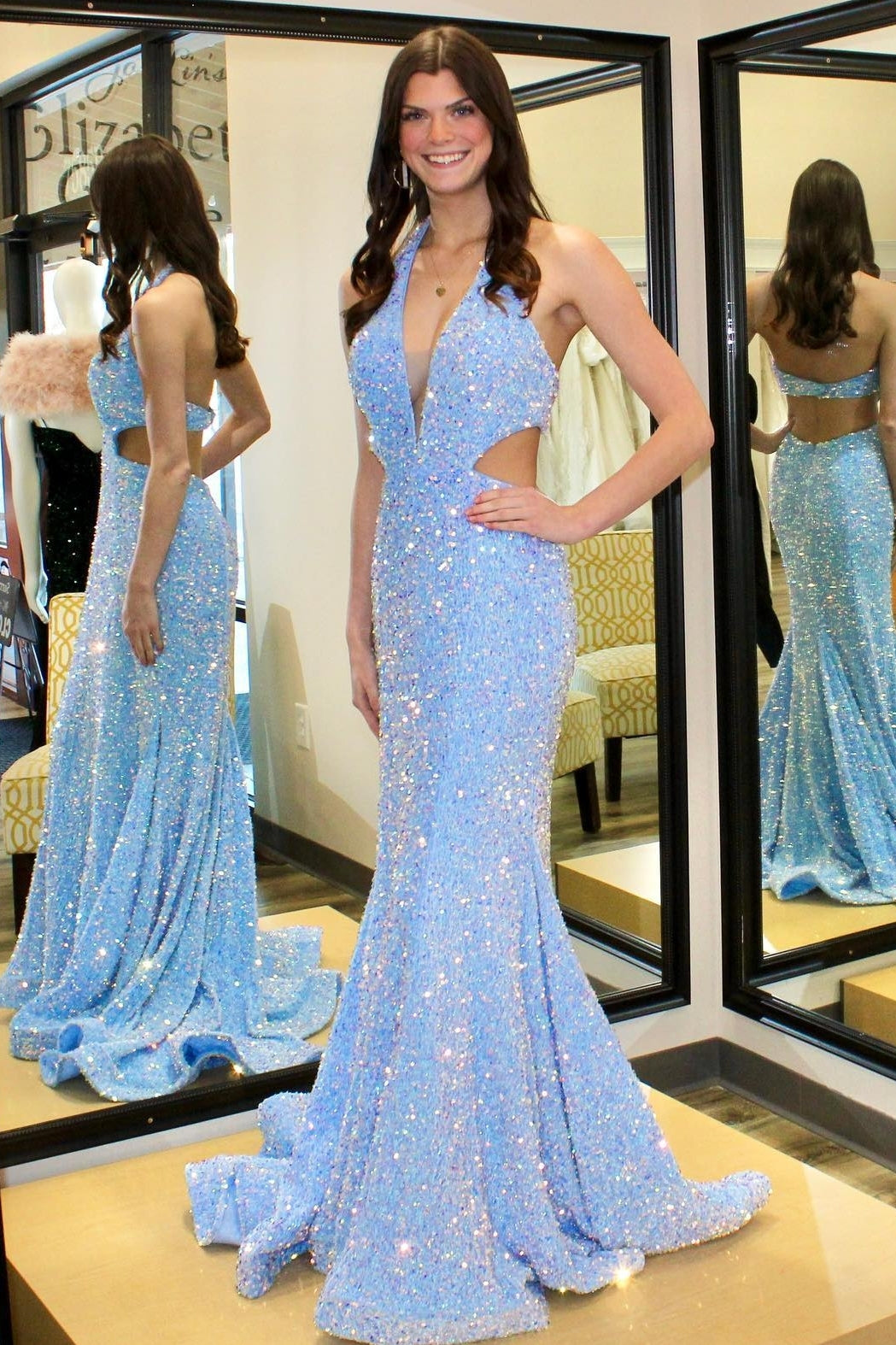 Plunge Neck Blue Sequin Mermaid Long Prom Dress