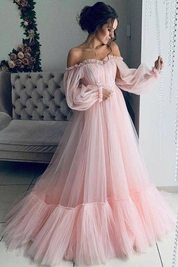 Puffy Sleeves Pink Tulle Formal Gown