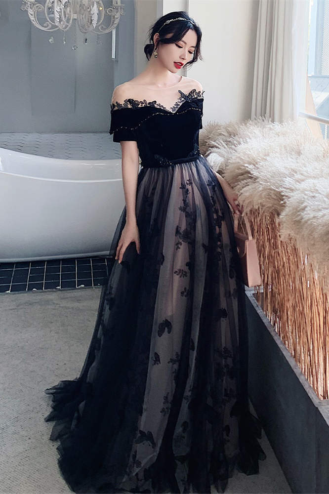 Scoop A-line Black Long Evening Dress