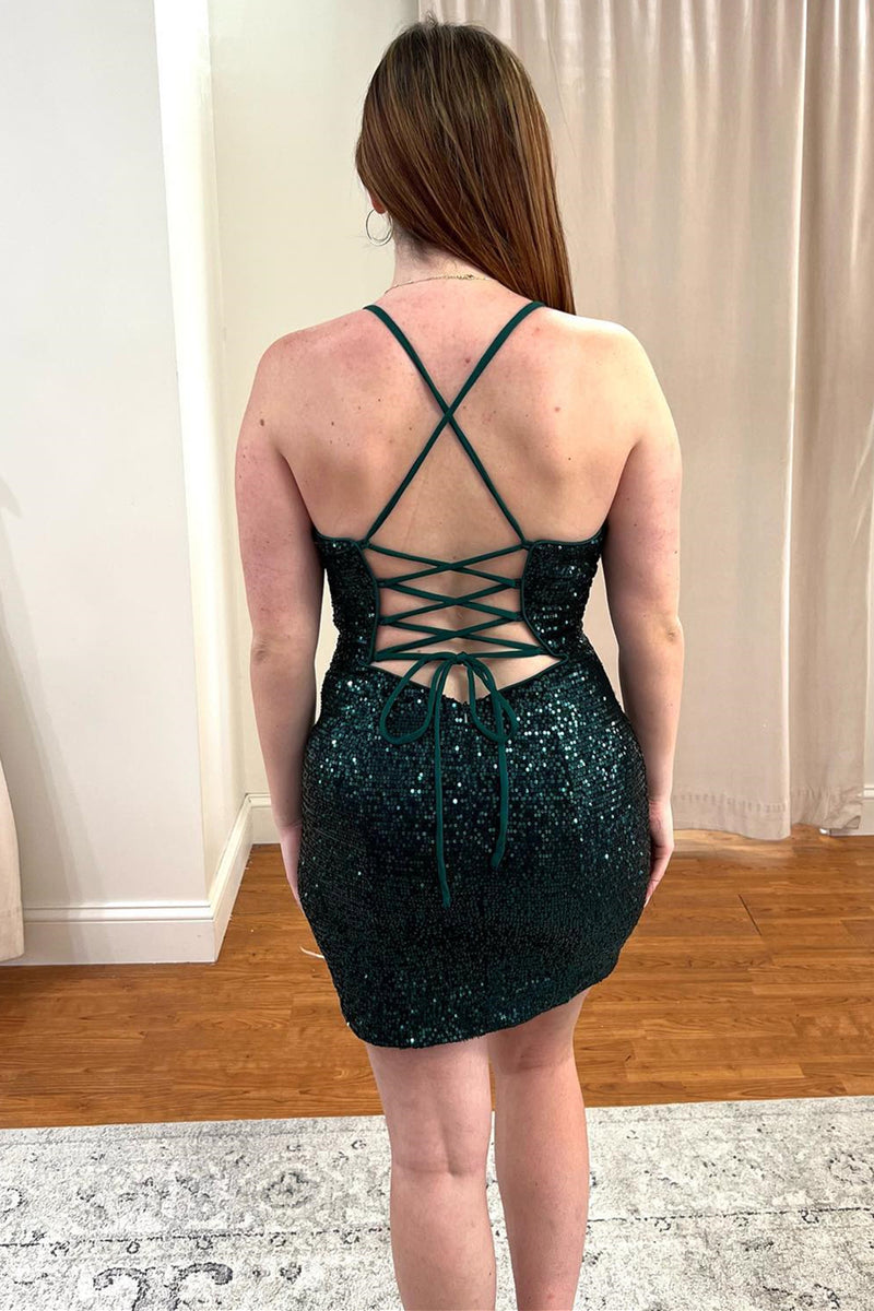 Dark Green Sequin Bodycon Mini Party Dress