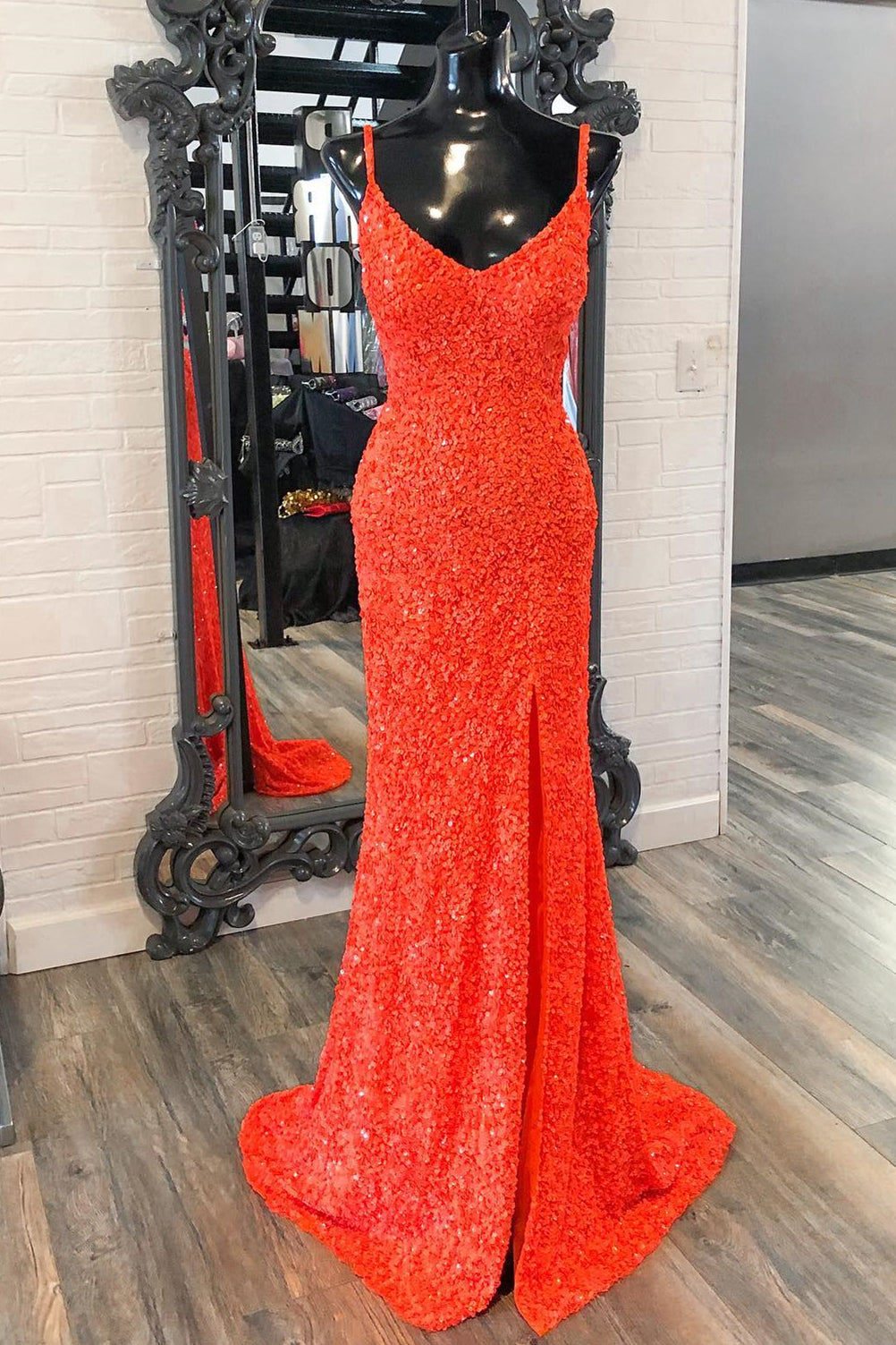 Simply Elegant Orange Sequin Mermaid Straps Long Formal Dress