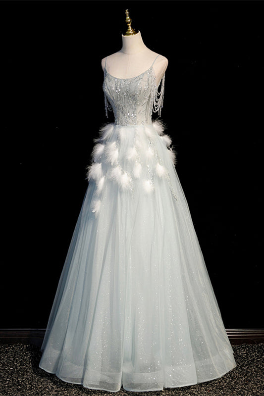 Tiffany Blue A-line Straps Beaded Long Formal Dress 