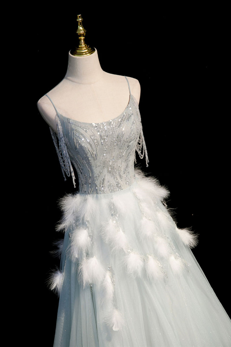 Tiffany Blue A-line Straps Beaded Long Formal Dress 