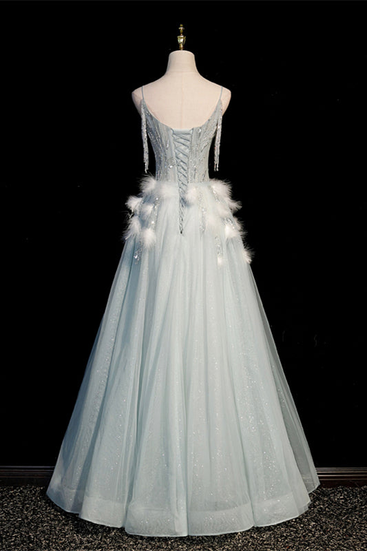 Tiffany Blue A-line Straps Beaded Long Formal Dress 