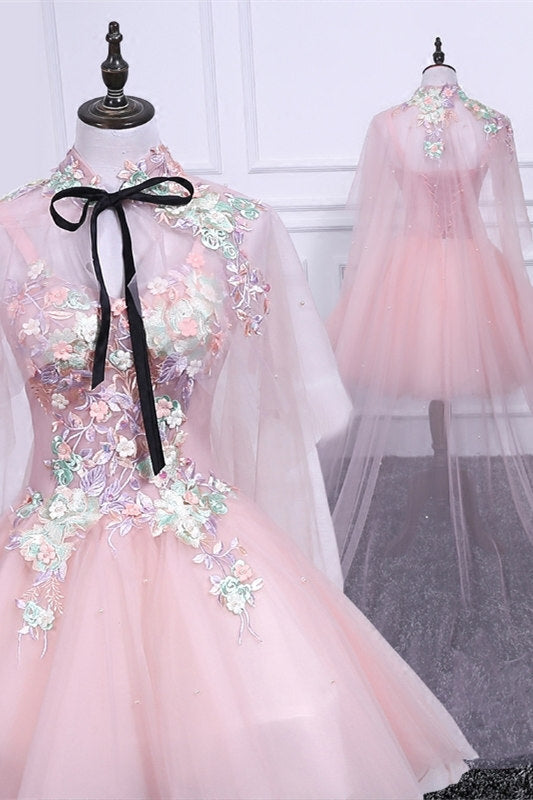 A-line Pink Floral Embroidery Short Party Dress