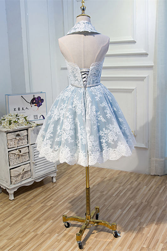 Halter A-line Short Blue and White Lace Party Dress