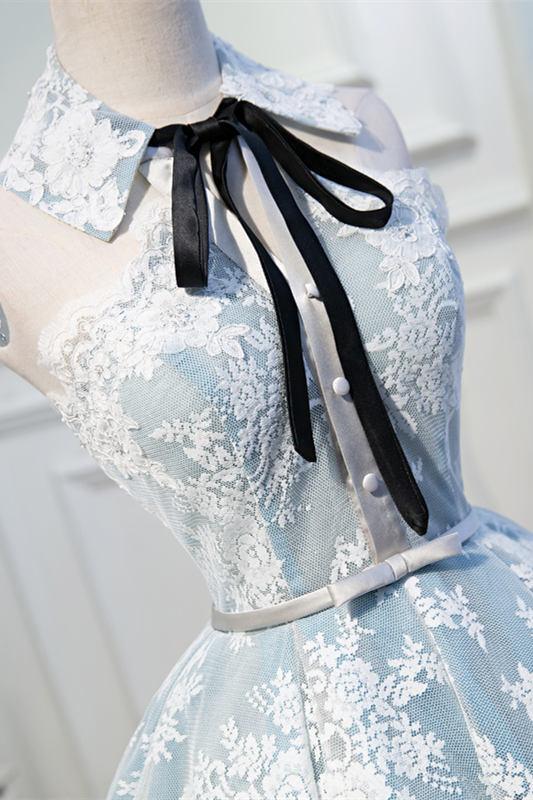 white lace dress with blue lining A Line Short Backless Blue/Champagne/White Lace Prom Dresses,cocktail jkprom