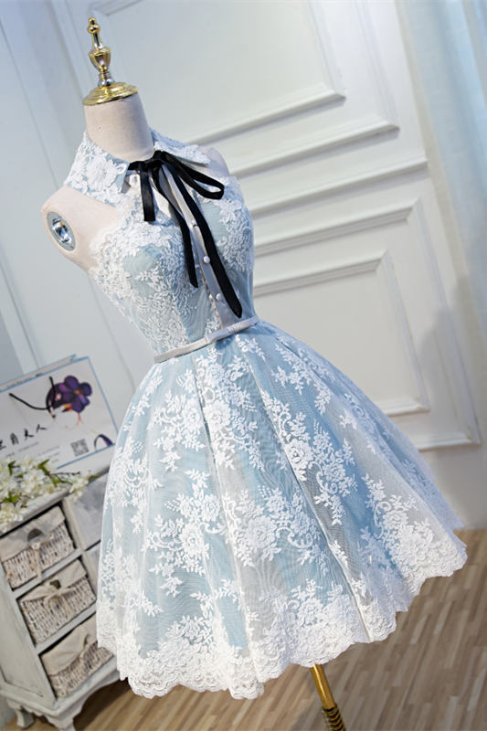 Halter A-line Short Blue and White Lace Party Dress