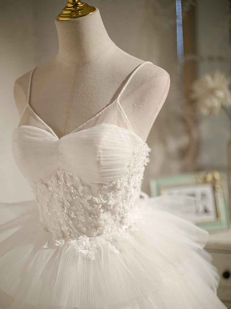 Multi-Tiered Tulle Princess-seamed Bodice Lace-up Back White V-Neck Short Party Dress