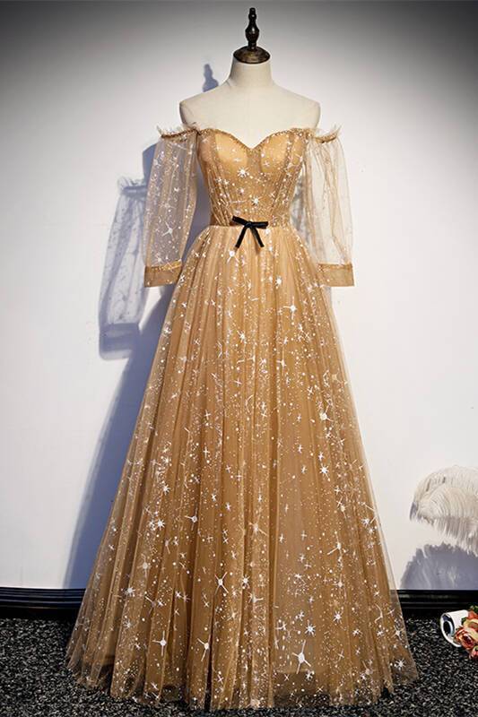 Long Sleeves Champagne Long Evening Dress