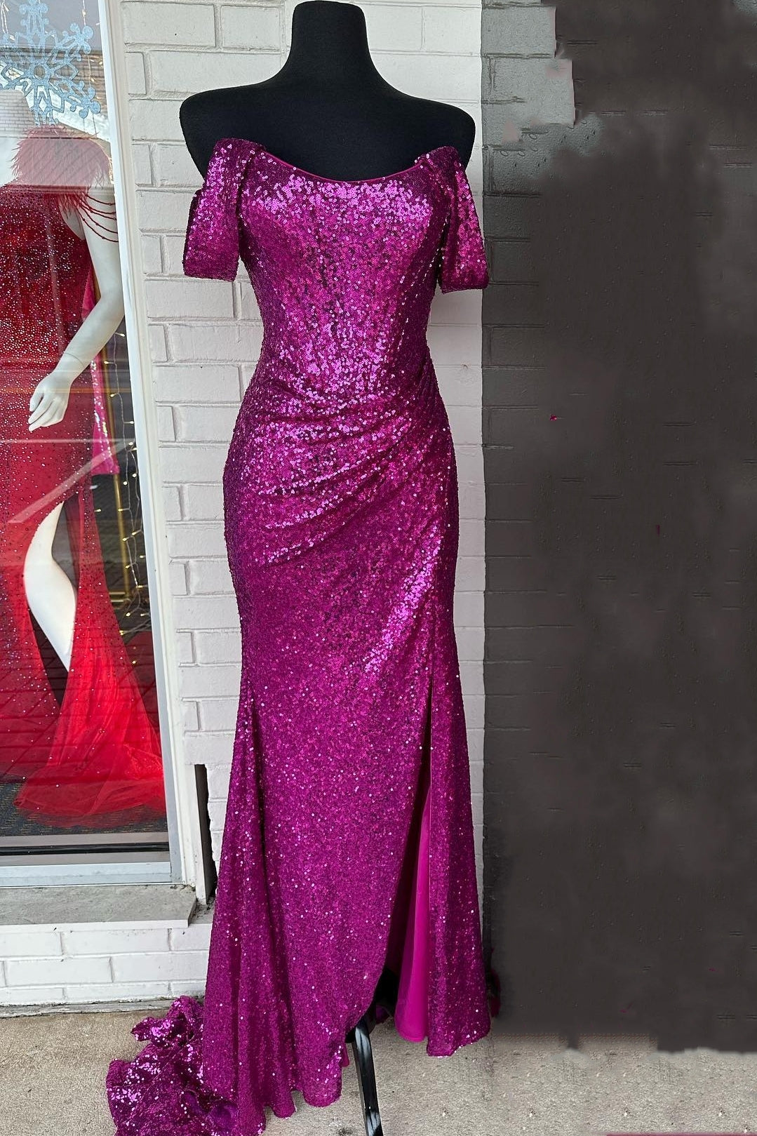 Off the Shoulder Fuchsia Sequin Mermaid Long Dress with Slit