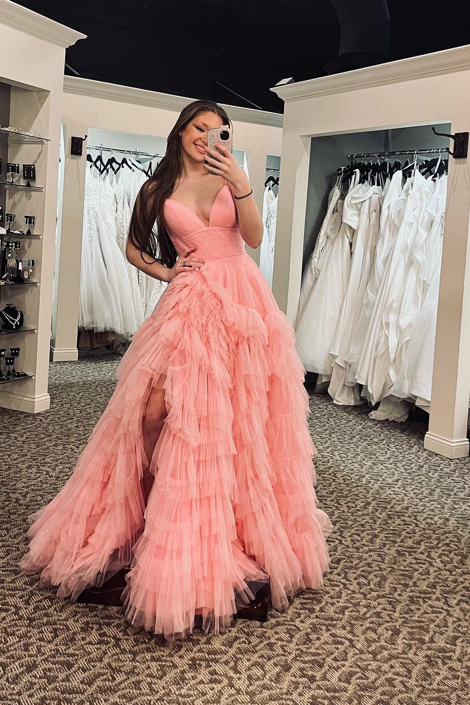 Pink Tiered Layers A-line Long Formal Dress