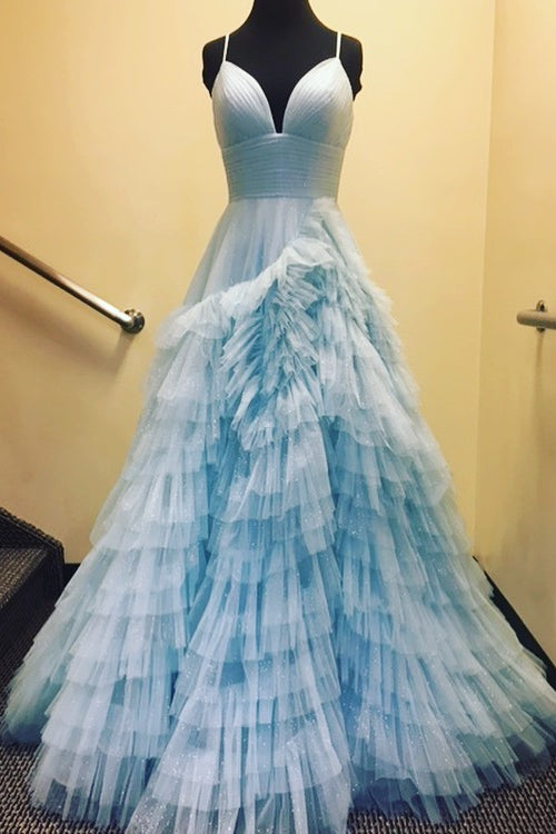 Light Blue Tiered Layers A-line Long Formal Dress