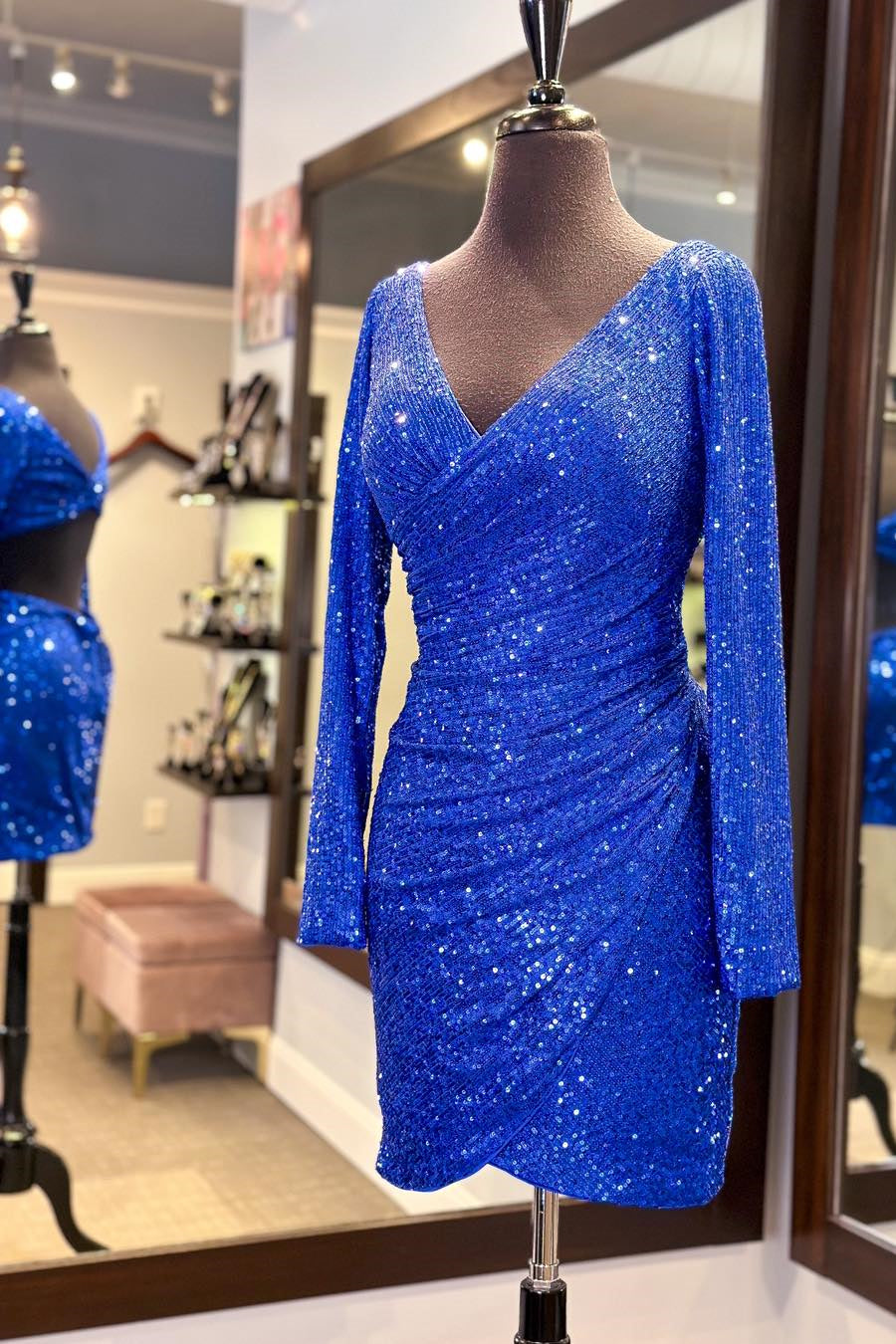 Long Sleeves Royal Blue Sequin Tight Mini Dress