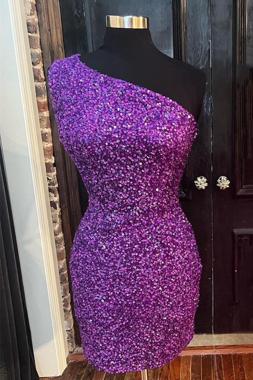 One Shoulder Purple Sequin Bodycon Mini Dress