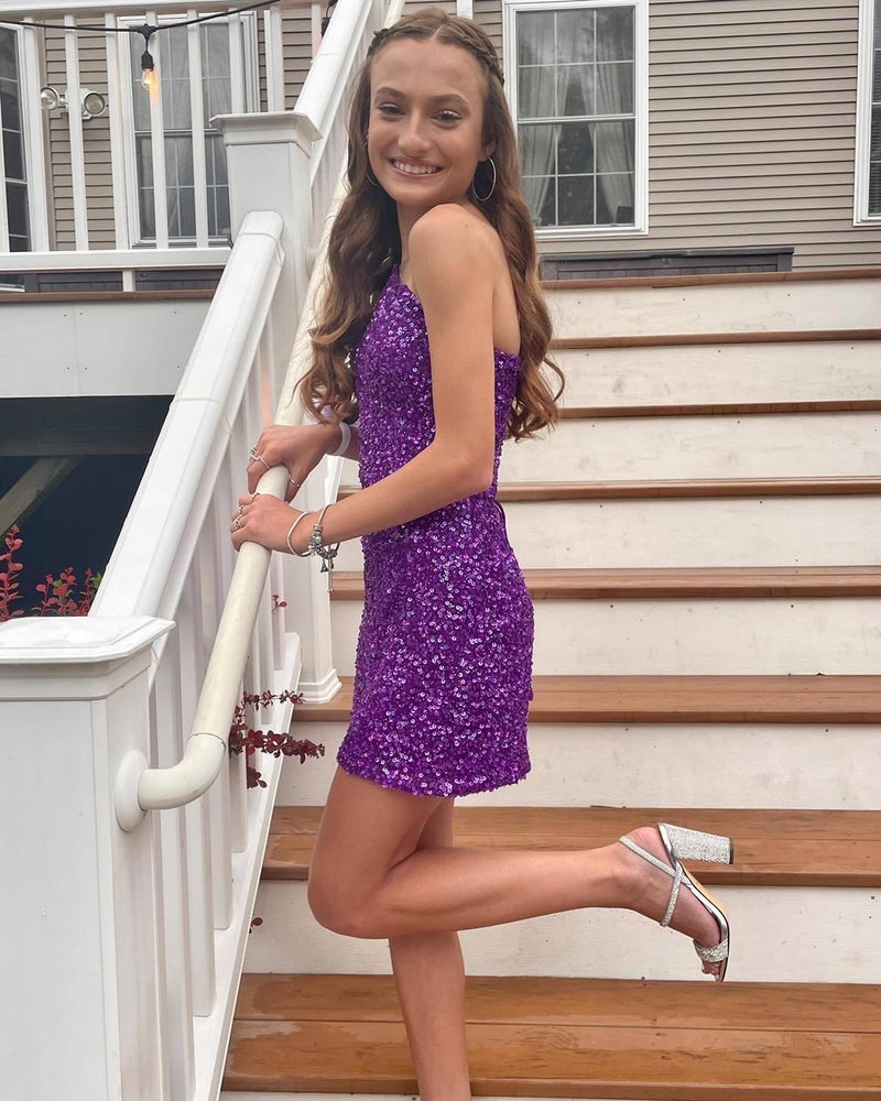 One Shoulder Purple Sequin Bodycon Mini Dress