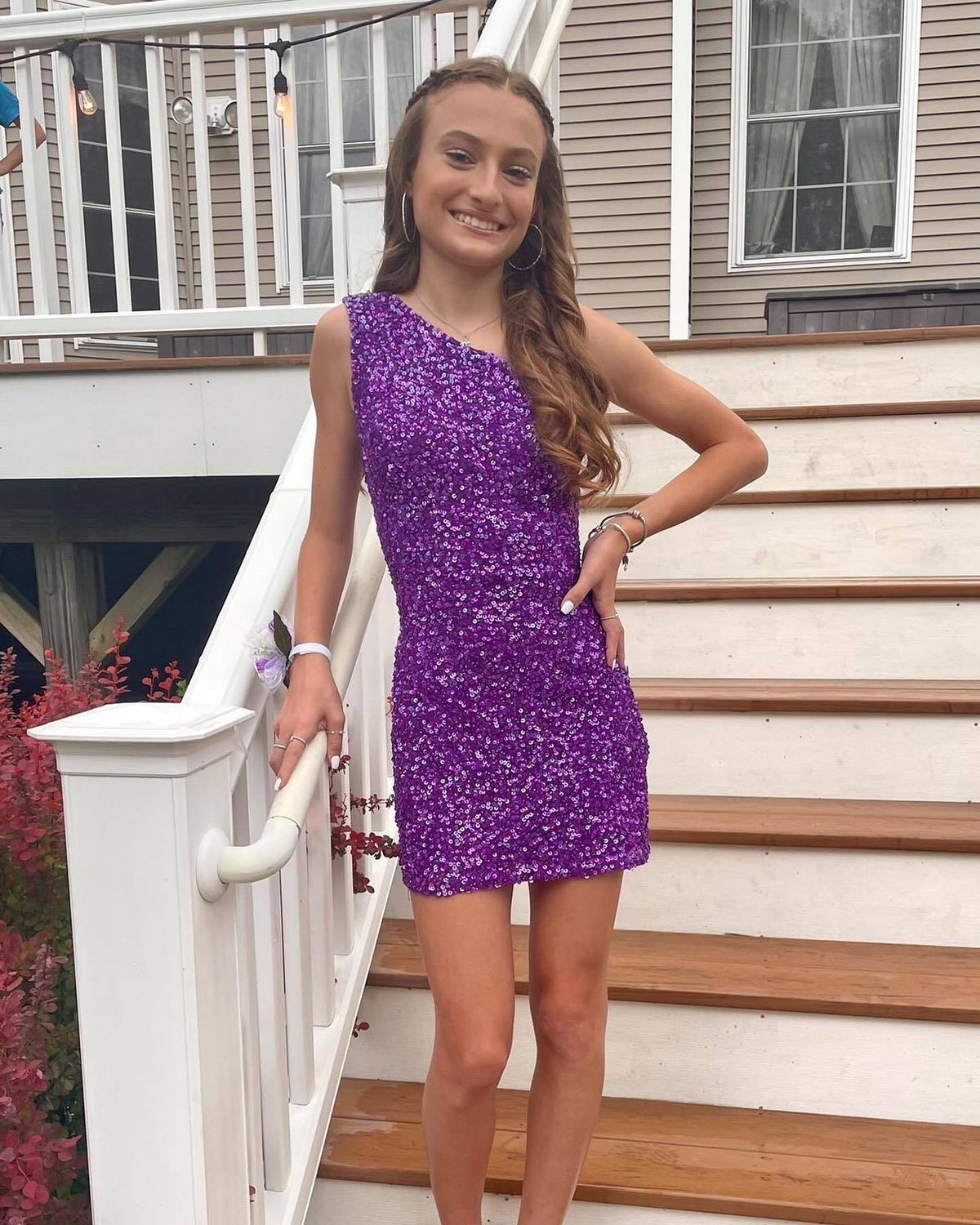 One Shoulder Purple Sequin Bodycon Mini Dress