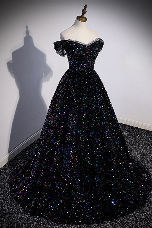 Black Sequin Off the Shoulder Long Formal Gown