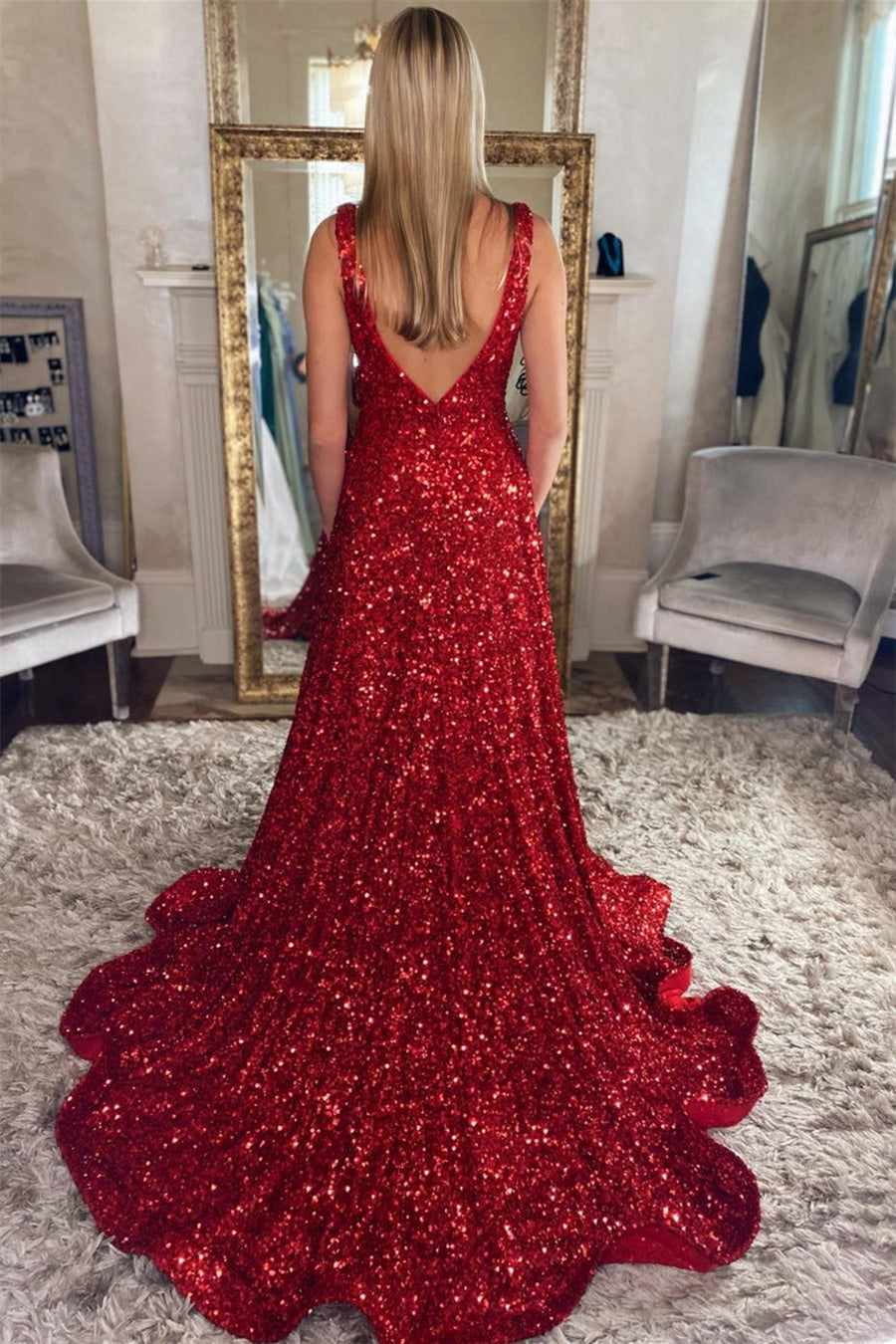 Princess Red Sequin A-line Long Prom Dress with Pockets