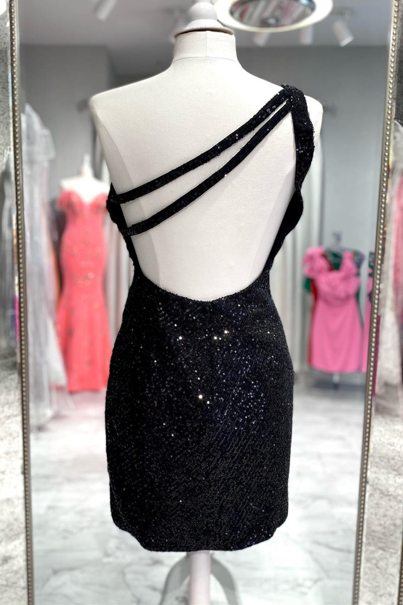 One Shoulder Black Sequin Bodycon Short Dress