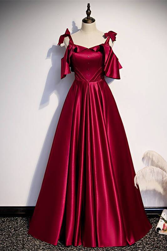 Elegant A-line Wine Red Satin Long Party Dress