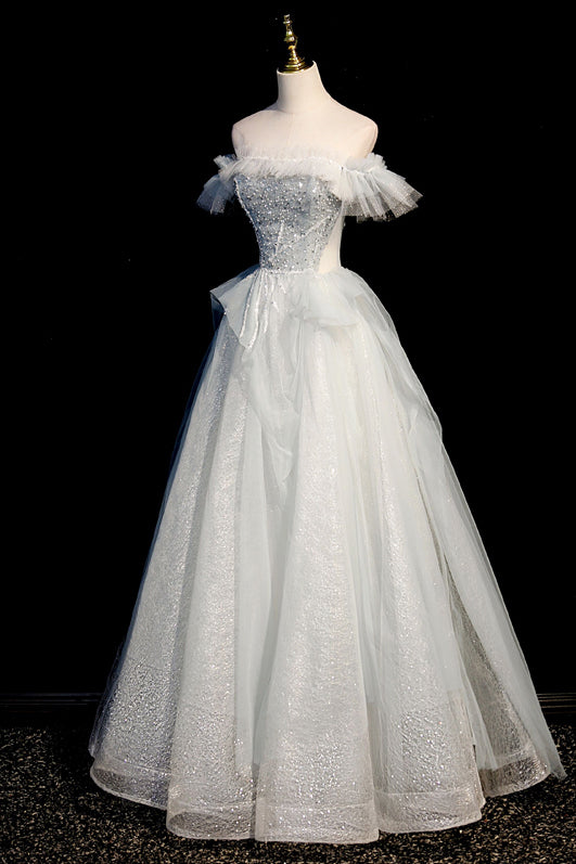 Light Blue Off the Shoulder A-line Long Formal Dress