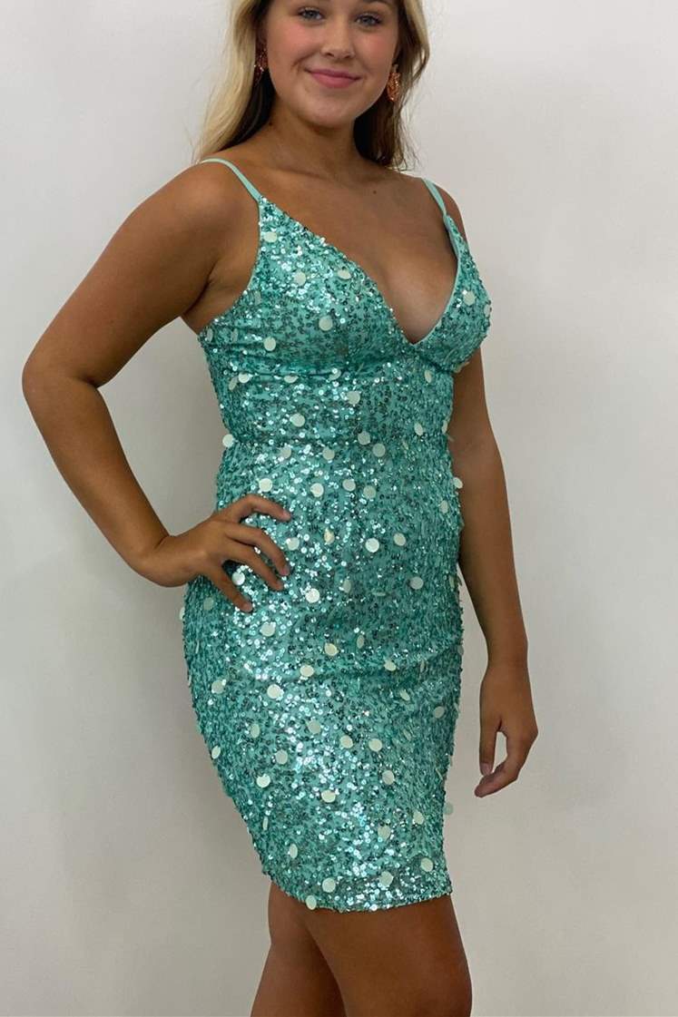 Straps Green Sequins Bodycon Mini Dress