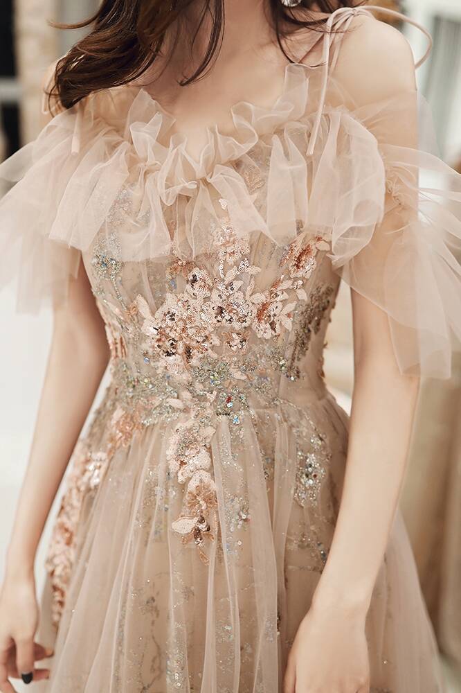 Princess Floral Embroidery Champagne Long Evening Dress