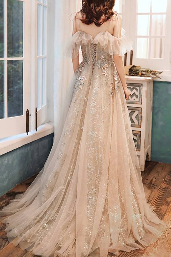 Princess Floral Embroidery Champagne Long Evening Dress