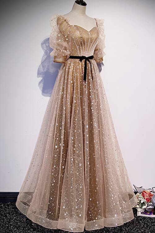 Short Sleeves Champagne A-line Long Prom Dress