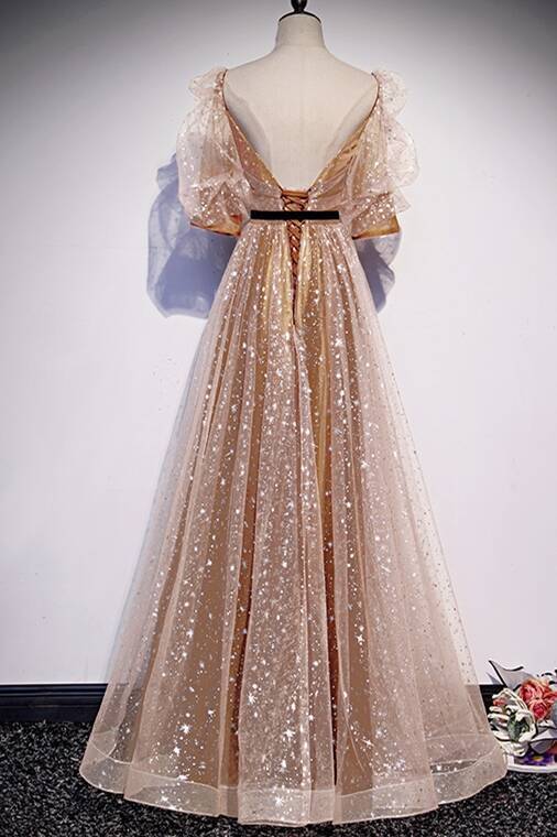 Short Sleeves Champagne A-line Long Prom Dress